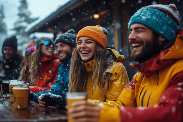 Friends drinking beer and having fun at ski resort bar during snowfall.
