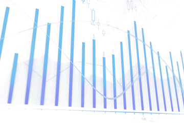 Fototapeta premium Abstract financial chart featuring blue bars, candlesticks, and trendlines on a clean white background, ideal for forex or stock market concepts