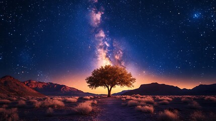 Cosmic desert landscape highlighted by a single tree under the glowing milky way