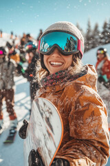 Young snowboarder smiling and holding snowboard on snowy mountain with people in background. 