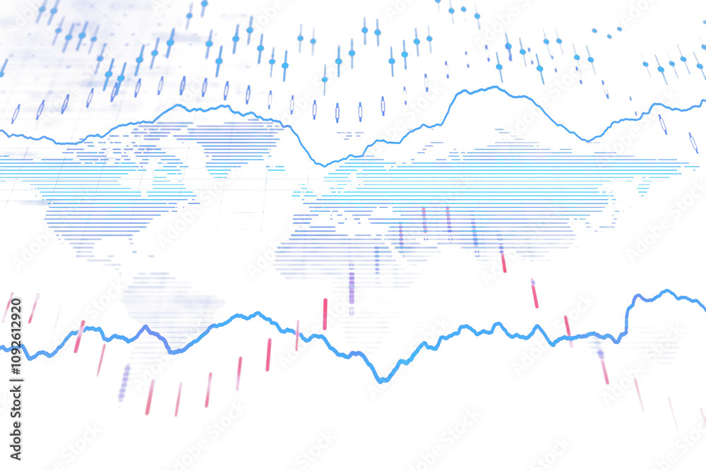 Poster Abstract financial chart with candlestick patterns, blue lines, and a global map overlay. White background emphasizes stock market data concept