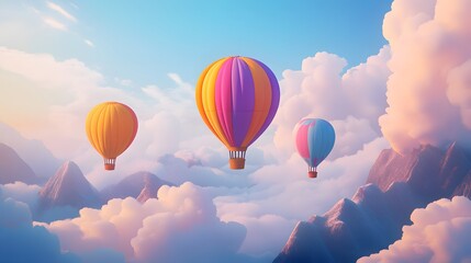 Fototapeta premium Colorful hot air balloons floating in the sky, with clouds and mountains in the background