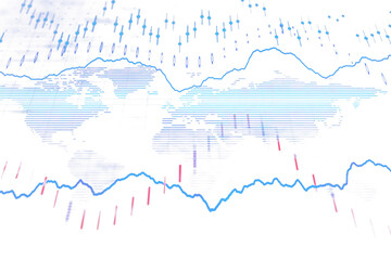 Abstract financial chart with candlestick patterns, blue lines, and a global map overlay. White background emphasizes stock market data concept