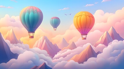 Fototapeta premium Colorful hot air balloons floating in the sky, with clouds and mountains in the background