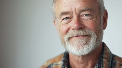 Obraz premium A smiling older man with a beard, wearing a plaid shirt, exuding warmth and friendliness.