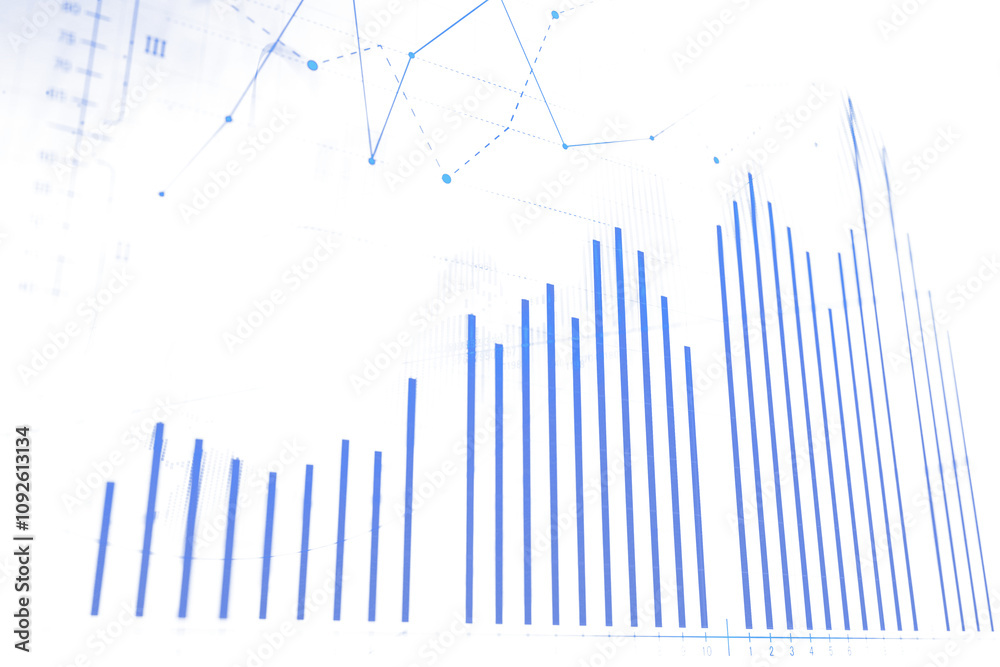 Poster blue bar chart and line graph representing financial data on a clean white background. concept of st