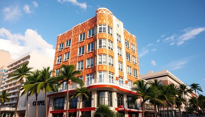 An elegant Art Deco apartment building wallpaper showcasing geometric patterns and bold colors, set against the backdrop of Miami Beach, Florida, reflecting the vibrant local culture.