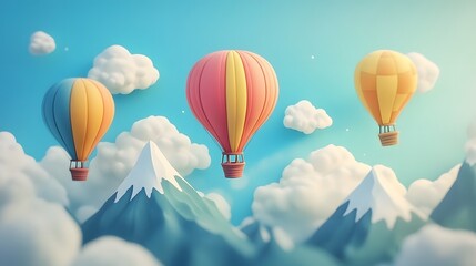 Fototapeta premium Colorful hot air balloons floating in the sky, with clouds and mountains in the background