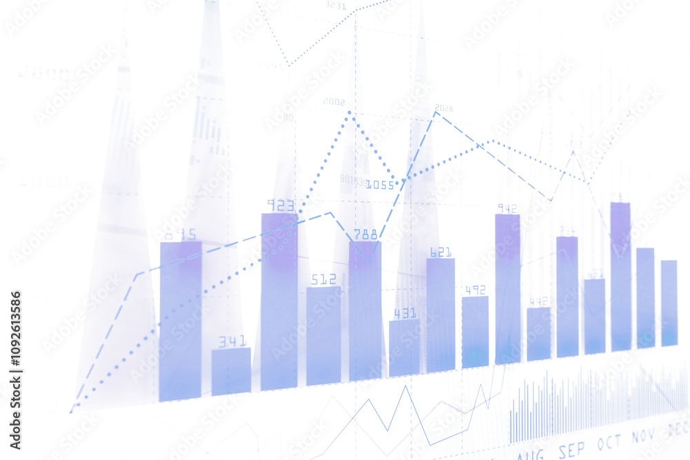 Poster Modern financial bar and line charts with numerical data points, displayed on a clean white background. Concept of stock market analysis and trends
