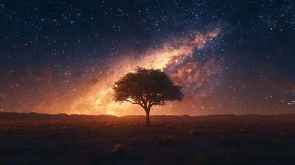 Lone tree against the milky way's glow in a peaceful and wide-open desert landscape