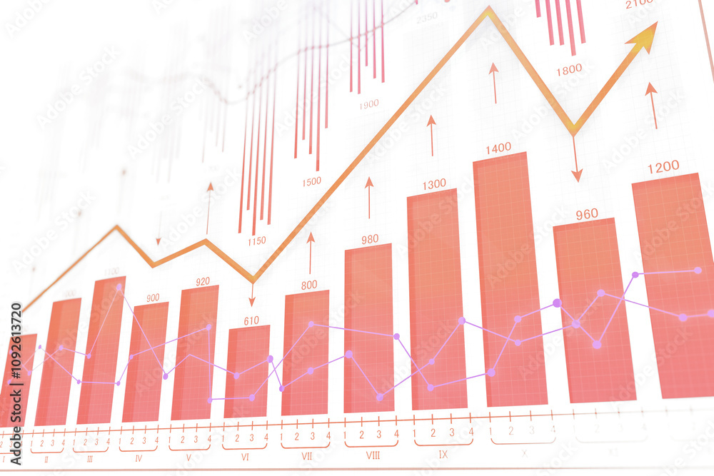 Poster Red bar charts and purple line graphs with upward arrows on a white background, representing financial growth and business analysis concepts