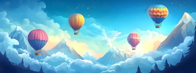 Fototapeta premium Colorful hot air balloons floating in the sky, with clouds and mountains in the background