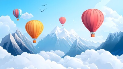 Obraz premium Colorful hot air balloons floating in the sky, with clouds and mountains in the background