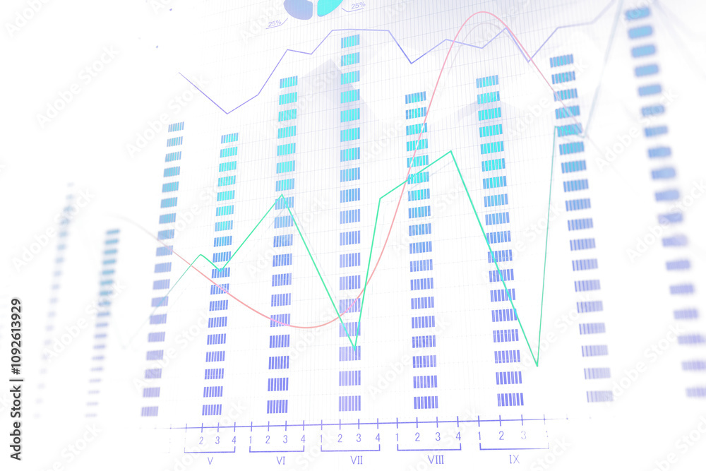 Poster financial charts with lines and bars in blue, green, and red on a white background, representing eco