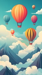 Obraz premium Colorful hot air balloons floating in the sky, with clouds and mountains in the background