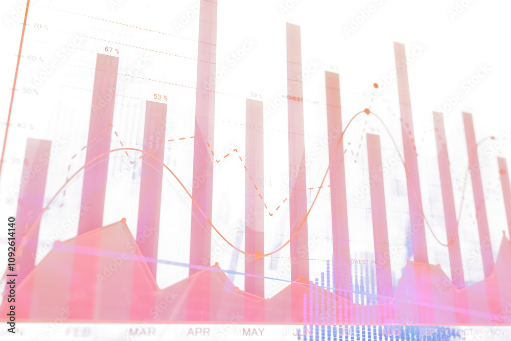 Poster abstract red-toned financial bar and line charts with percentages and trends, overlayed on a white b