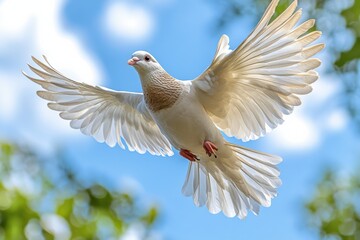 Fototapeta premium Majestic White Bird in Mid-Flight Against Blue Sky