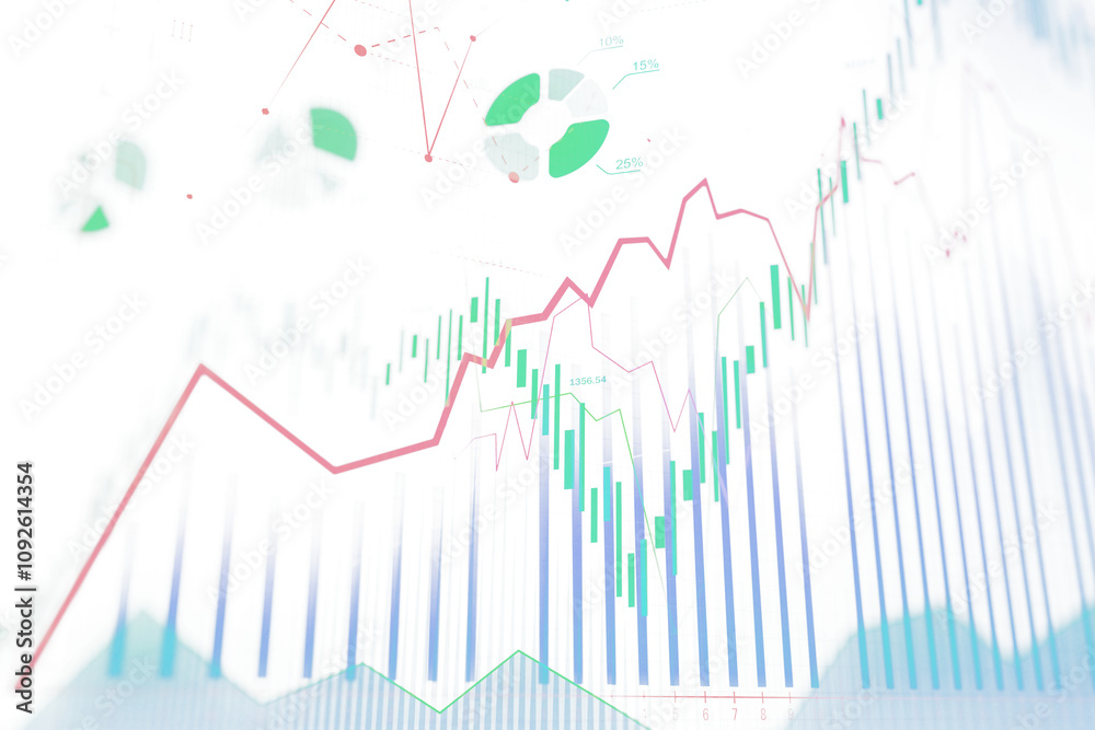 Poster closeup of colorful financial charts, graphs, and pie charts with red and green lines overlaid on a 