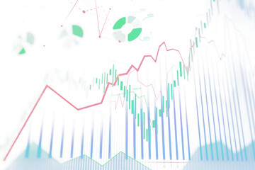Obraz premium Closeup of colorful financial charts, graphs, and pie charts with red and green lines overlaid on a white background, representing business data concepts