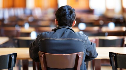 Solitary figure in modern empty cafe, staring out window with distant look, symbolizing social loneliness and introspection in urban life.	