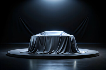 A sleek vehicle covered with a draped cloth, illuminated under spotlight in a darkened space, suggesting a dramatic unveiling.
