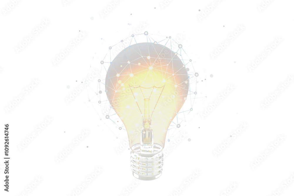 Poster a glowing lightbulb with network nodes overlay on a white background. represents creativity, ideas, 