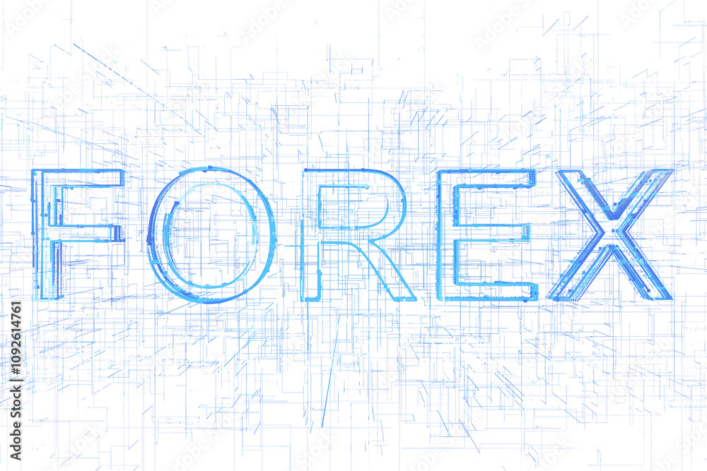 Poster forex text made of blue intricate lineart patterns over a clean white background, representing busin