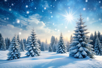 Fototapeta premium A serene winter landscape featuring snow-covered trees under a starry sky with bright sunlight illuminating the scene.