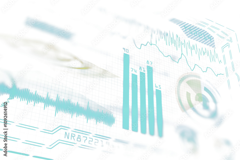 Poster abstract visualization of financial charts, bar graphs, and data grids. white background, clean layo