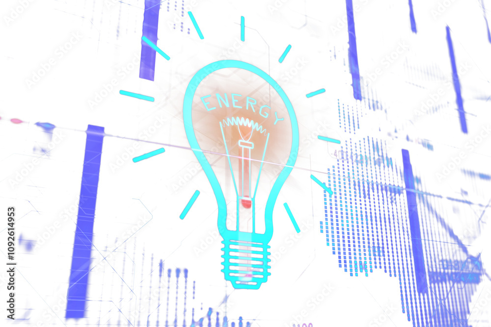 Aufkleber lightbulb illustration with energy text, glowing blue lines, overlaid on white background with abstr