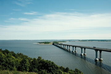 Automobile bridge over the Kama River. View of the Kama from the Sorochi Mountains in Tatarstan. Beautiful summer landscape.