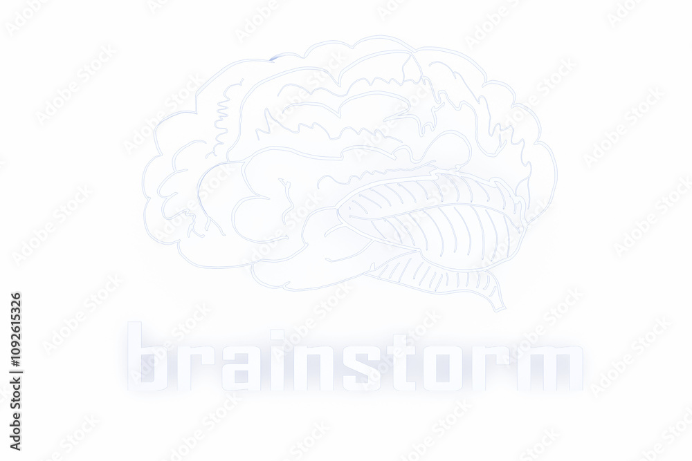 Poster abstract brain illustration with light outlines and brainstorm text beneath, isolated on a white bac