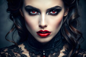 Fototapeta premium Dark gothic beauty with intense red eyes, mysterious makeup, bold lips, striking visual aesthetic, edgy and captivating style, perfect for Halloween, vampire-inspired fashion