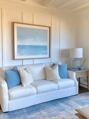 Fototapeta premium Coastal Living Room Decor Featuring A Blue Seascape Painting