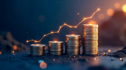 Stacked coins show financial growth as a glowing line indicates achievement against a dark backdrop with highlights