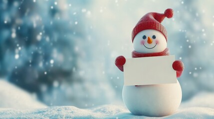 Fototapeta premium Cute 3D snowman with a red scarf and hat, holding a blank banner for