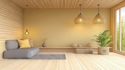 Fototapeta premium A chic living room with sage green walls, a gray sofa, a modern lamp, and wooden floors, blending earthy tones and cozy vibes.