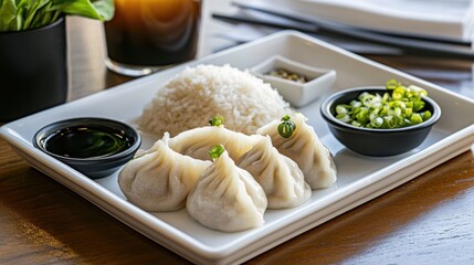 Delicious Chinese breakfast served on a white rectangular tray