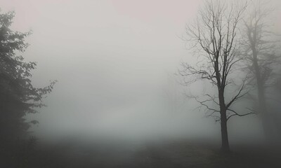 Obraz premium Misty landscape with fir forest in hipster vintage retro style