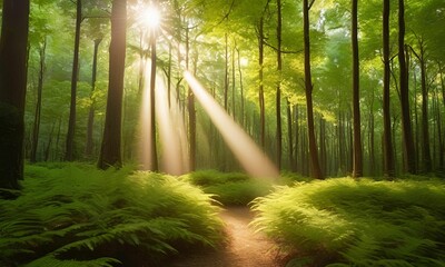 Obraz premium Beautiful rays of sunlight in a green forest