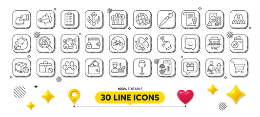Smile, Dog paw and Bicycle prohibited line icons pack. 3d design elements. Business results, Search employees, Reject certificate web icon. Cursor, Human rating, Timer pictogram. Vector