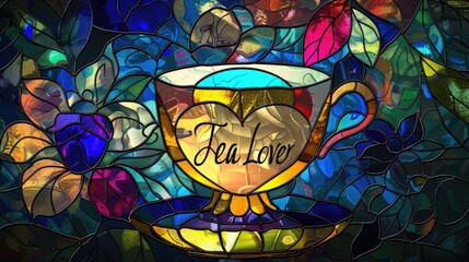 Illustration of a stained glass window with a cup of coffee in the form of a Tea lover