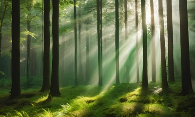 Fototapeta premium Beautiful rays of sunlight in a green forest