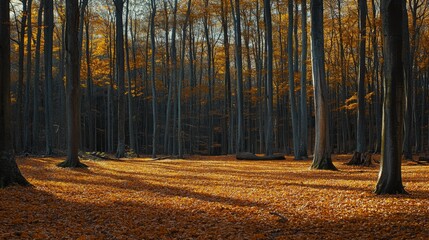 Sunlight Filtering Through Autumn Trees in a Dense Forest