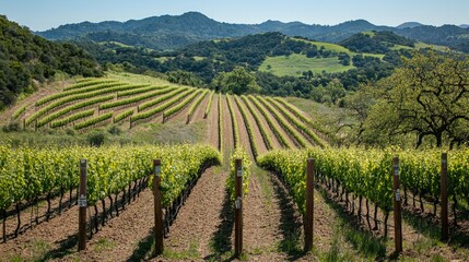 Naklejka premium Lush vineyard with rows of grapevines stretching to the horizon, warm sunlight and green hills