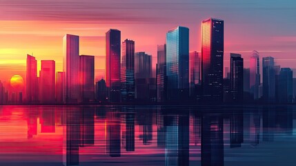 Fototapeta premium Modern cityscape with skyscrapers, glass buildings reflecting sunset colors, urban architecture, and design