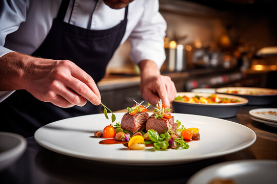 Manos de chef preparando un exquisito plato de carne gourmet a medio cocer con verduras en la cocina de un restaurante moderno con estrella michelín. Cocina de autor.