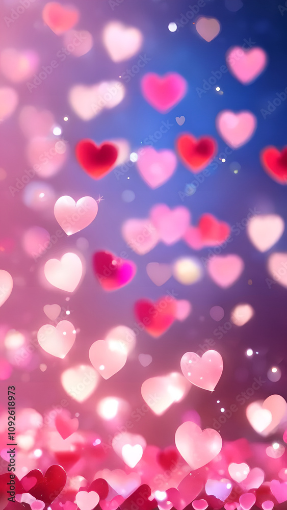 Poster pink background with many hearts scattered around. some of the hearts are large and some are small