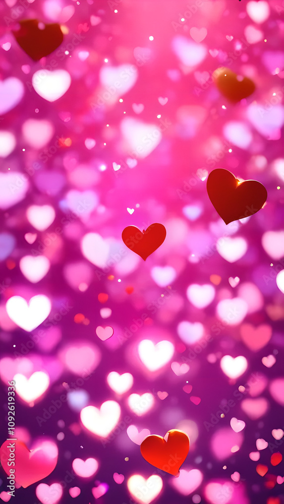Poster pink background with many hearts in different sizes. some of the hearts are red and some are white