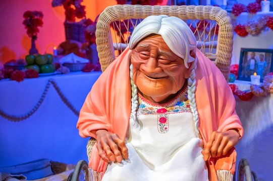 Madrid, Spain; 05-14-2024: Large figure of the famous character Coco from the movie Coco in an exhibition called Pixar World about the studio's films